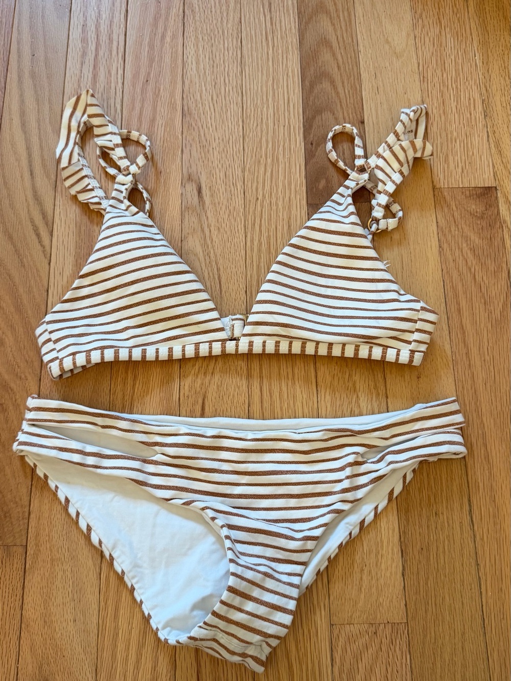 Frankie's Bikinis Cream and Brown Striped Triangle Bikini